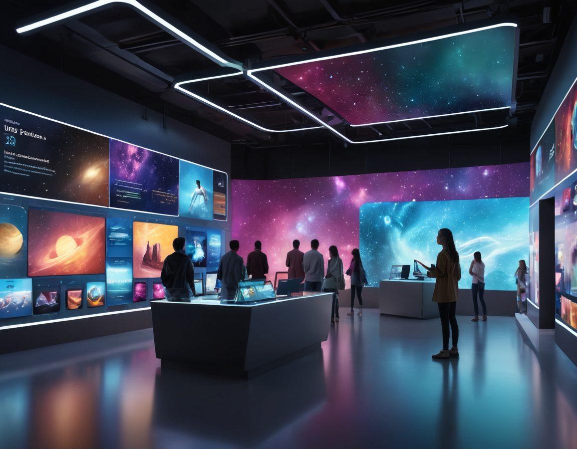A futuristic digital marketplace scene with diverse shoppers exploring virtual web stores, holographic displays of products floating around them, and vibrant digital signage illuminating the space. The atmosphere is bustling with excitement, showcasing the evolution of retail in a technology-driven world. Emphasize sleek interfaces, interactive elements, and a cosmic background to highlight the 'universe' theme. super-realistic. vibrant colors. 3D.