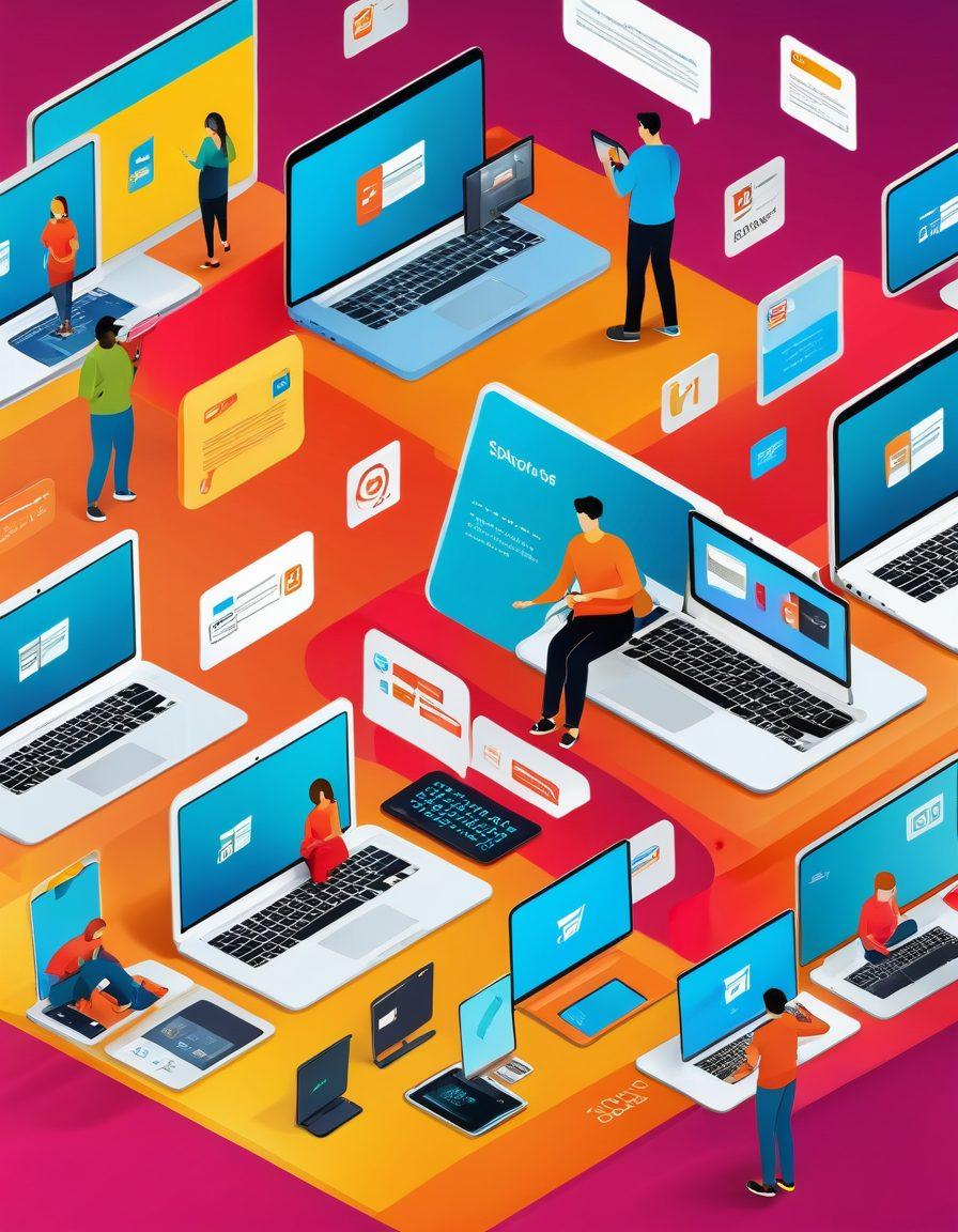 A digital landscape depicting a seamless online shopping experience, with a diverse group of happy customers interacting with various devices like laptops and smartphones. Highlight elements such as engaging product displays, easy navigation, and secure payment symbols, all set against a vibrant, inviting backdrop. Incorporate icons of user feedback and satisfaction metrics to convey enhancement in user experience. super-realistic. vibrant colors. minimalistic background.