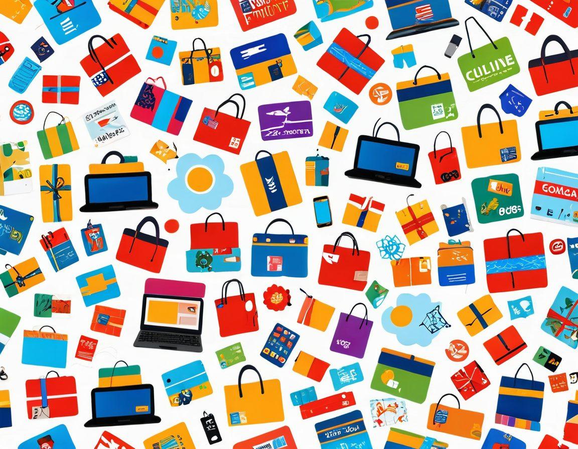 A vibrant collage depicting a diverse array of online shopping experiences from around the world, featuring various cultural symbols, virtual shopping carts, and people engaging with digital devices. Include elements like parcels, delivery drones, and international currencies, showcasing the global nature of e-commerce. Bright and engaging colors to attract the viewer's attention. super-realistic. vibrant colors. white background.